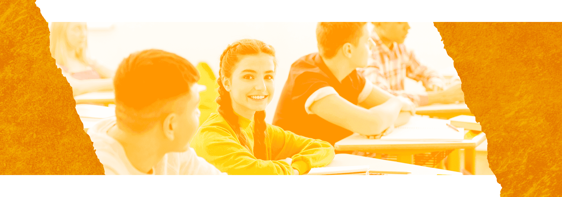 Imagem com bordas amarelas com foco em uma moça sorrindo