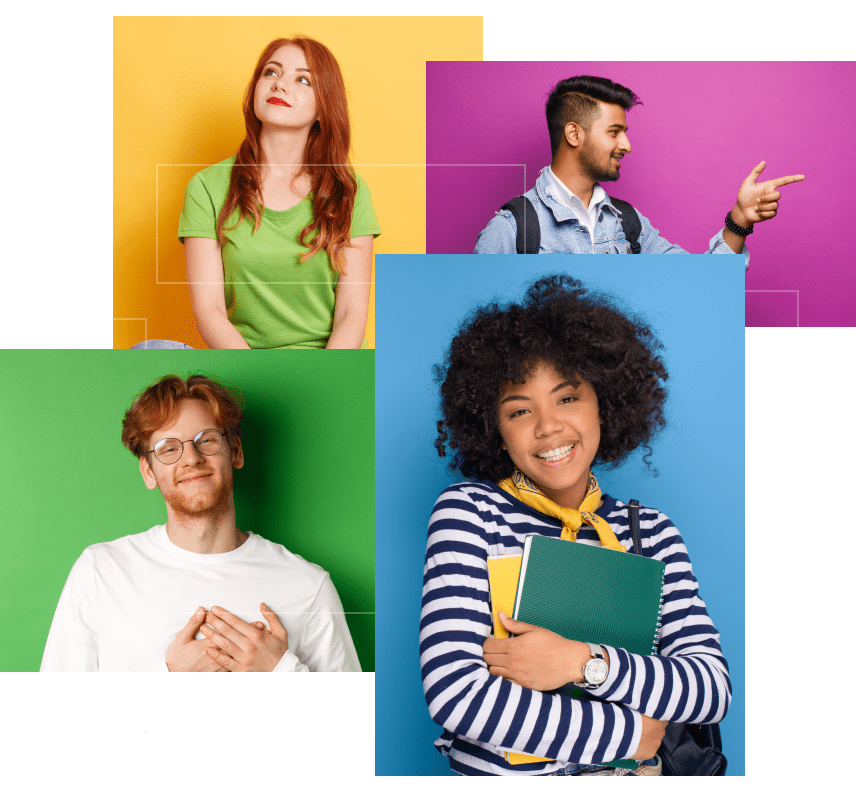 Quatro estudantes, cada um em um quadrado com o fundo colorido