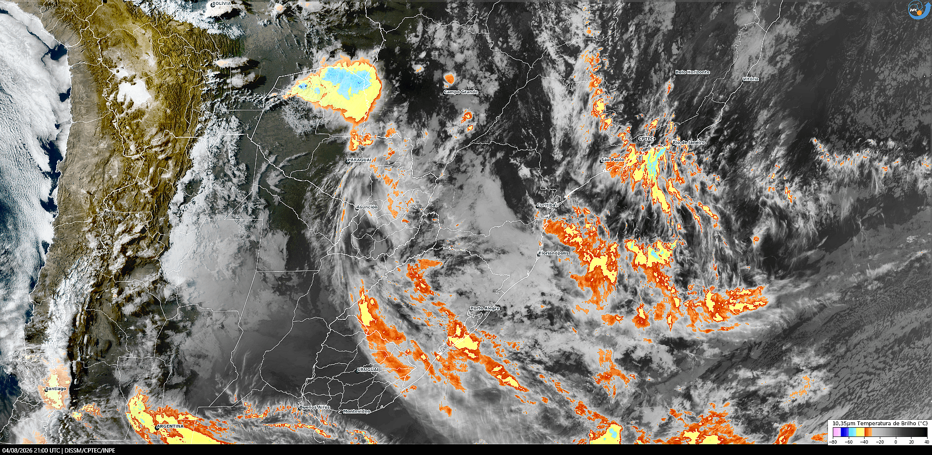 Imagem do satélite GOES-19/NOAA/EUA – Canal Infravermelho + IR 10,35 µm – dia 04/08/2026 – Hora local: 18:00 – Sul do Brasil. Fonte: Instituto Nacional de Pesquisas Espaciais (INPE)/Centro de Previsão de Tempo e Estudos Climáticos (CPTEC)/Divisão de Satélites e Sistemas Ambientais (DAS), modificado por LabClima/UNIVALI.