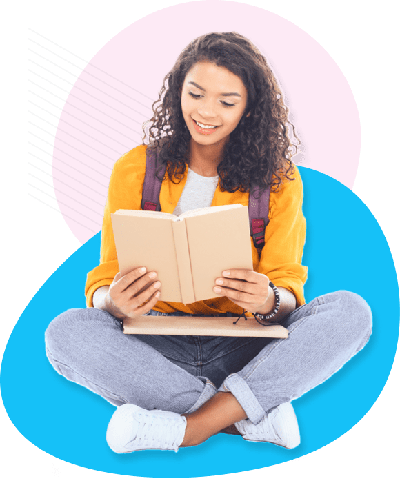 Garota olhando um livro com fundo de bolinahs azuis